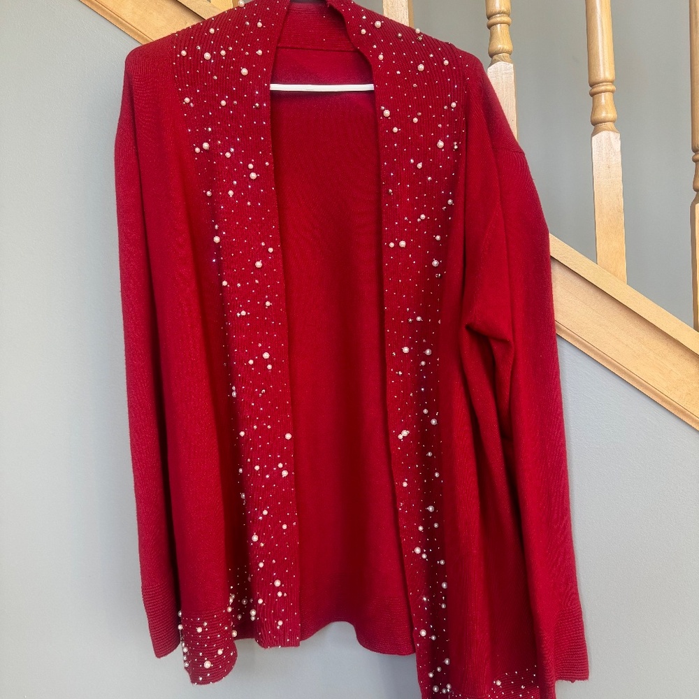 Nu Look Red Cardigan Sweater w/pearls & Crystals around trim sz xl